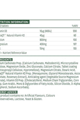 Nutrition information for Natures Aid Osteo Advance showing vitamins and minerals for bone health.